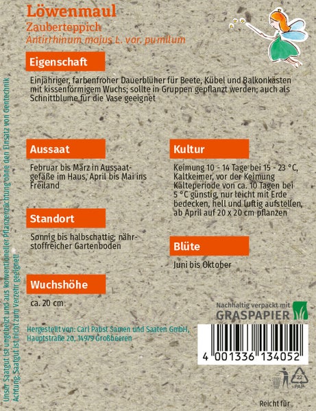 Rückseite einer Samentüte für Löwenmaul Zauberteppich mit Hinweisen zu Aussaat, Standort, Wuchshöhe von circa 20 Zentimeter und Blütezeit auf Graspapier.