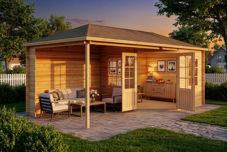 Großes Gartenhaus aus Holz mit Walmdach, integrierter Terrasse mit Loungemöbeln und angrenzendem Raum mit Doppelflügeltüren.