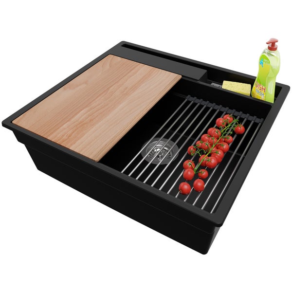 PRIMAGRAN Spülbecken Schwarz 58x53cm, Granitspüle 1 Becken + Ablauf-Set + Küchenzubehörset, Küchenspüle ab 60er Unterschrank - Oslo Pocket