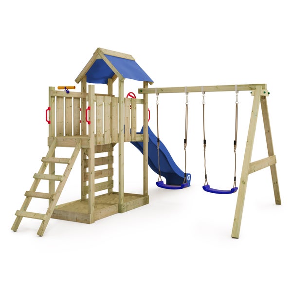 WICKEY Spielturm Klettergerüst MultiFlyer mit Schaukel und Rutsche, Kletterturm mit Sandkasten, Leiter und Spiel-Zubehör - blau
