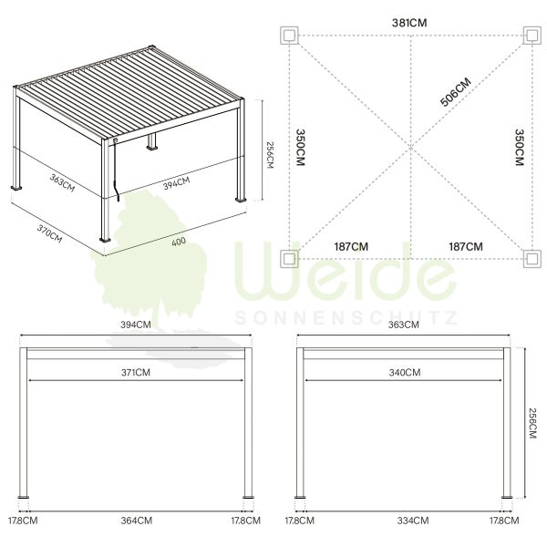 Weide Elektrische Deluxe Aluminium  Pergola 3,6 x 4 M mit LED