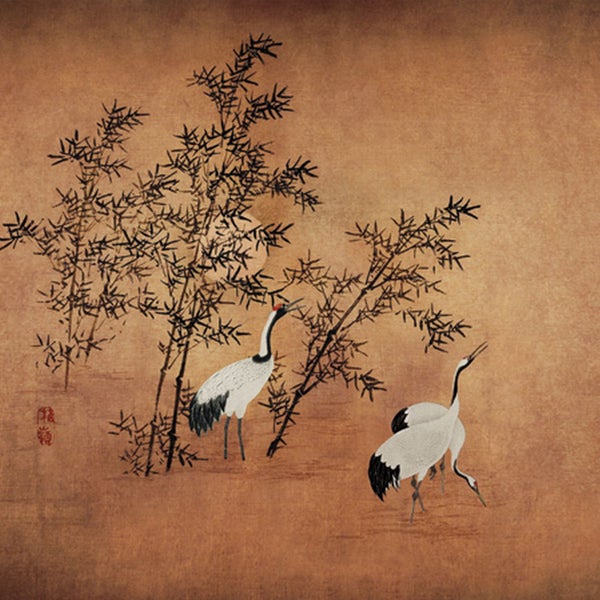 Gemälde mit zwei Kranichen und Bambuspflanzen