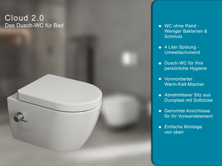 Aqua Bagno Taharet Hänge-Dusch-WC New Cloud 2.0 – Spülrandlos – Weiß – Bidetfunktion mit Warm-/Kaltwasser