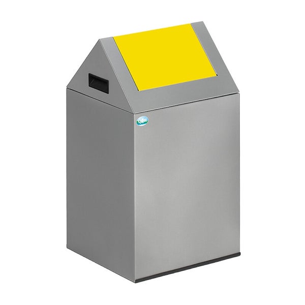 VAR Wertstoffsammler aus Metall, grau mit gelber Einwurfklappe und Giebeldach, VAR Logo.
