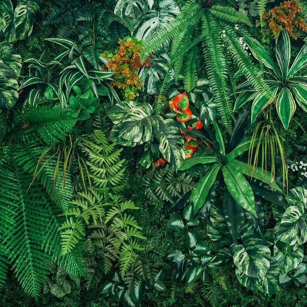 Künstliche Pflanzenwand mit verschiedenen Blattarten wie Monstera und Farnen für die vertikale Begrünung.