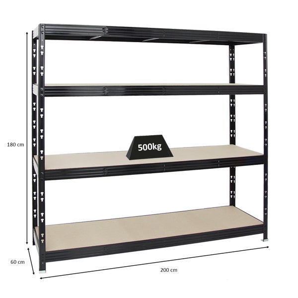 PROREGAL Profi Schwerlastregal Rhino HxBxT 180 x 200 x 60 cm 4 Spanplatten-Ebenen 8mm Fachlast 500 kg Schwarz