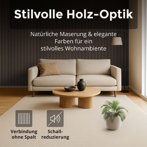 Modernes Wohnzimmer mit Wandpaneelen in dunkler Holzlamellen-Optik. Merkmale: fugenlose Verbindung und Schallreduzierung.