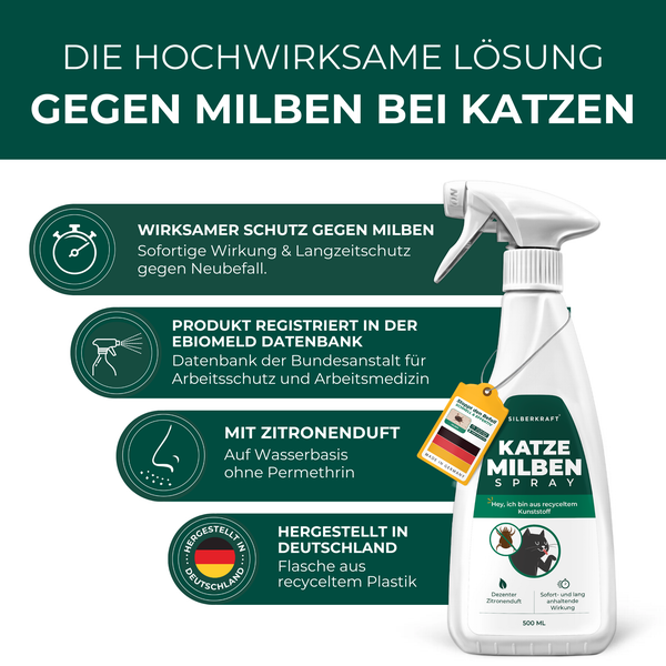 Silberkraft Milbenspray Katzen 500 ml, Abwehrmittel gegen Grabmilben & Herbstgrasmilben,  Anti-Milben-Mittel für Katzenfell, Schlafplätze und Umgebung