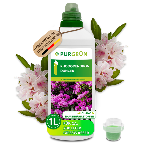 Purgrün Rhododendron Dünger in einer 1 Liter Flasche mit Guano und Spurennährstoffen für Rhododendren und Moorbeetpflanzen