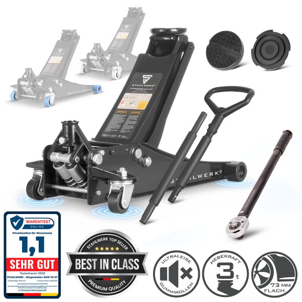 Stahlwerk Wagenheber WHF-75 ST mit 3 Tonnen Hebekraft und Drehmomentschlüssel sowie Gummiauflagen für die Autoreparatur.