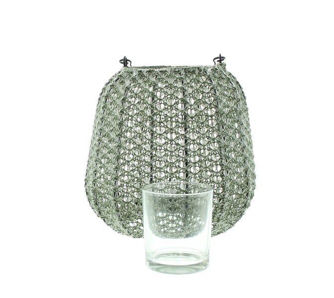 FRANK FLECHTWAREN | Laterne Webart, grün, 20 x 20 x 18 cm, Glas Ø 8 x 8 cm, POLYESTER, BAUMWOLLE, METALL, GLAS