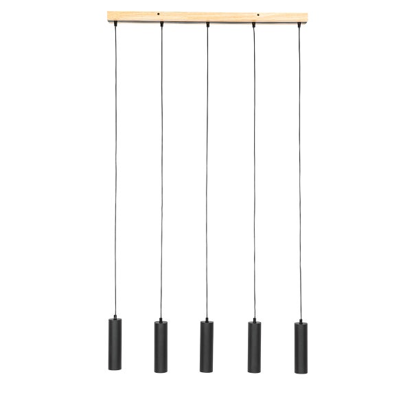 Fünfflammige Pendelleuchte mit Holzleiste und zylindrischen Leuchten in moderner Optik