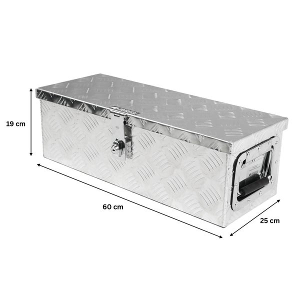 Proregal Werkzeugkiste aus Aluminium mit Riffelblech, Maße 60 mal 25 mal 19 Zentimeter, mit verschließbarem Deckel und seitlichem Tragegriff.