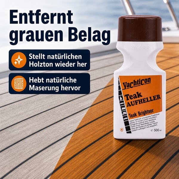 Yachticon Teak Aufheller zur Entfernung von grauen Belägen auf Teakholz, stellt den natürlichen Holzton wieder her und betont die Maserung.