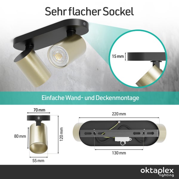 Zweistrahliger Deckenstrahler mit 15 Millimeter flachem Sockel. Maße: Breite 220 Millimeter, Gesamthöhe 120 Millimeter, Spotdurchmesser 55 Millimeter.