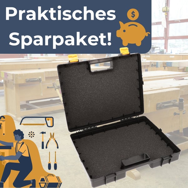Geöffnete, leere Werkzeugkiste mit Schaumstoffeinlage als praktisches Sparpaket