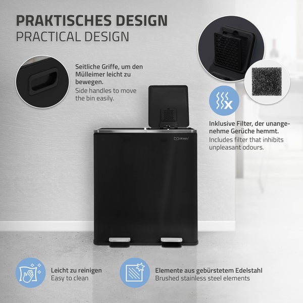 ML-Design Mülleimer Küche 2x 30L (60L), Schwarz glänzend, Mülltrennsystem 2 Fächer, Treteimer zur Mülltrennung, Abfalleimer aus Stahl, herausnehmbarer Kunststoff Inneneimer, Klappdeckel, Softclose