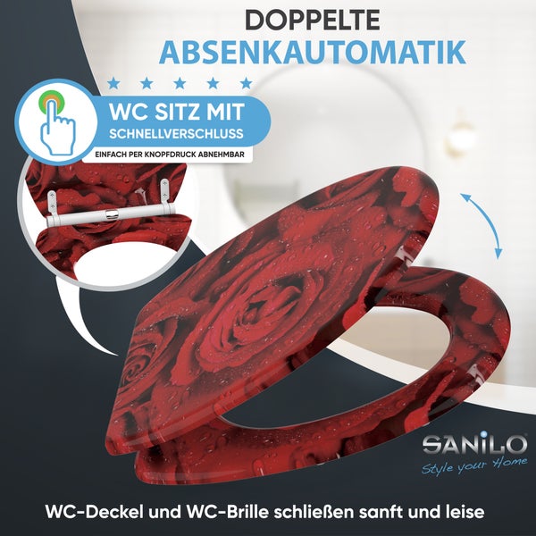 Toilettensitz mit roten Rosen und Wassertropfen, doppelte Absenkautomatik, Schnellverschluss zur Abnahme per Knopfdruck, Sanilo Logo.