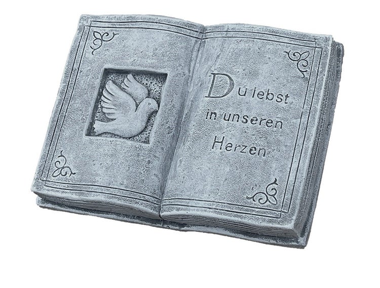 Grabschmuck in Buchform mit Taubenrelief und Grabinschrift Du lebst in unseren Herzen aus wetterfestem Kunststein