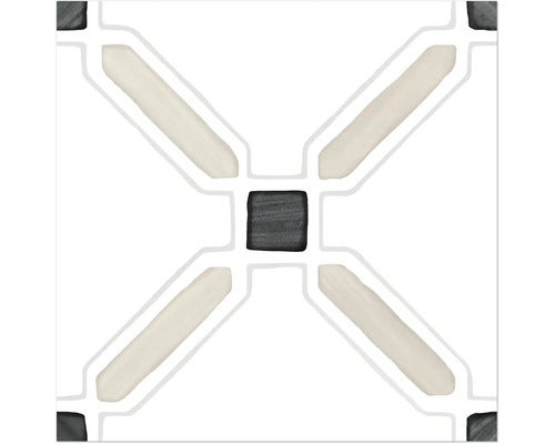 Quadratische Fliese mit geometrischem Muster aus dunklen und hellen Elementen im Vintage-Stil.