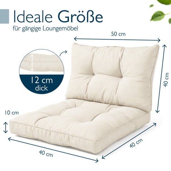 Loungekissen für Sitz und Rücken mit Maßen: Breite 50 Zentimeter, Höhe 40 Zentimeter und Dicke 10 bis 12 Zentimeter.