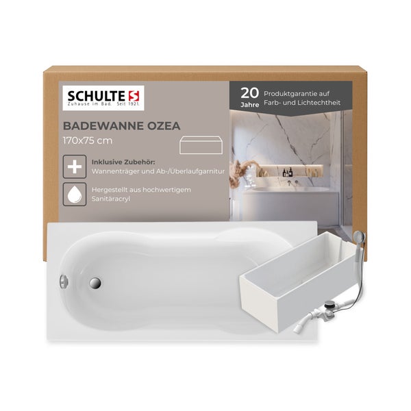 Schulte Badewanne Ozea 170x75 cm aus Sanitäracryl inklusive Wannenträger und Ab- und Überlaufgarnitur in der Verpackung