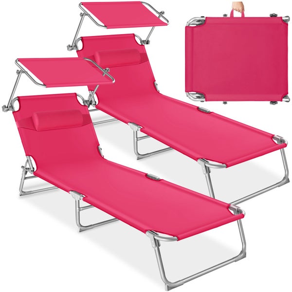Set aus zwei pinkfarbenen klappbaren Gartenliegen mit verstellbarem Sonnendach, Kopfkissen und Metallgestell.