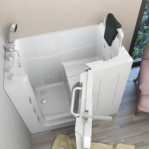 Sitzbadewanne mit Tür, Massagedüsen, integriertem Sitz, Kopfstütze, Haltegriff, Handbrause und Armaturen.
