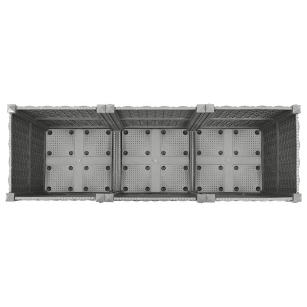 Draufsicht auf ein dreiteiliges modulares Hochbeet aus Kunststoff mit perforiertem Boden zur Entwässerung.