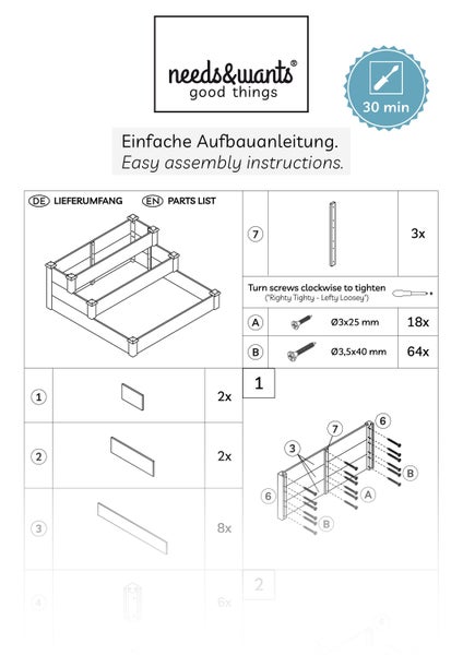 Aufbauanleitung für ein dreistufiges Hochbeet mit Lieferumfang, needs&wants Logo, Montagezeit circa 30 Minuten und erstem Montageschritt.