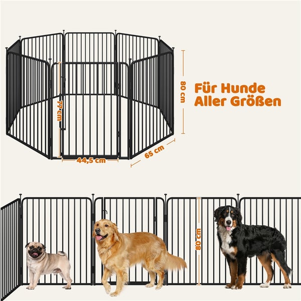 Schwarzer Hundeauslauf mit Größenangaben und Hunden aller Größen