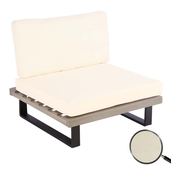 Garten-Lounge-Sessel Mittelteil mit Holzlatten-Basis, schwarzem Metallgestell und beigen Polstern inklusive Detailansicht des Stoffes.