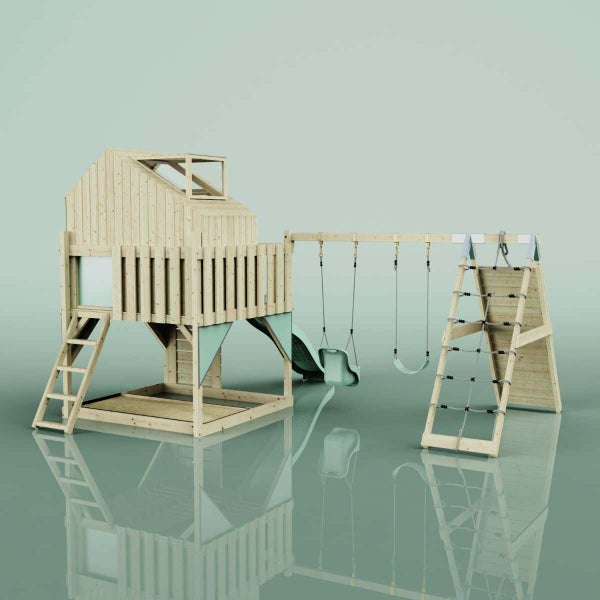 Spielturm aus Holz mit Spielhaus, Rutsche, zwei Leitern und integriertem Sandkasten.