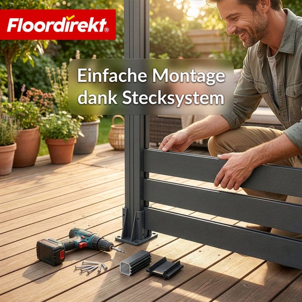 Montage eines Zaunelements mit Stecksystem auf einer Holzterrasse mit Werkzeug und Befestigungsmaterial