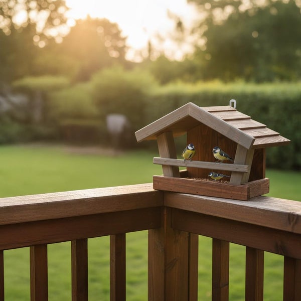 Vogelhaus aus Holz mit Sitzstange und Satteldach, montiert auf einem Holzgeländer in einem hellen Garten.