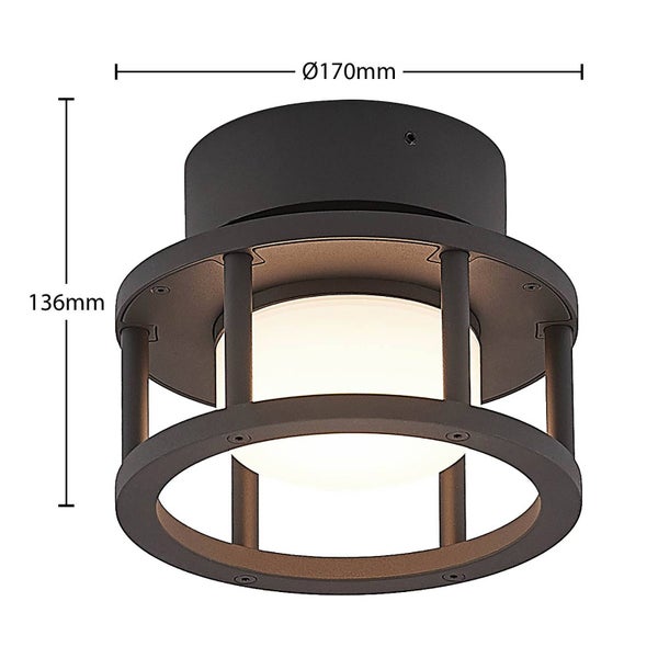 Schwarze Deckenleuchte für außen mit weißem Glas und Metallkäfig, Durchmesser 170 Millimeter, Höhe 136 Millimeter.