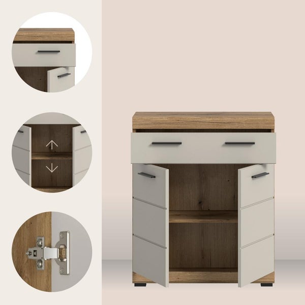Sideboard mit Schubladen und Türen, Korpus in Holzoptik und Fronten mit Griffen.