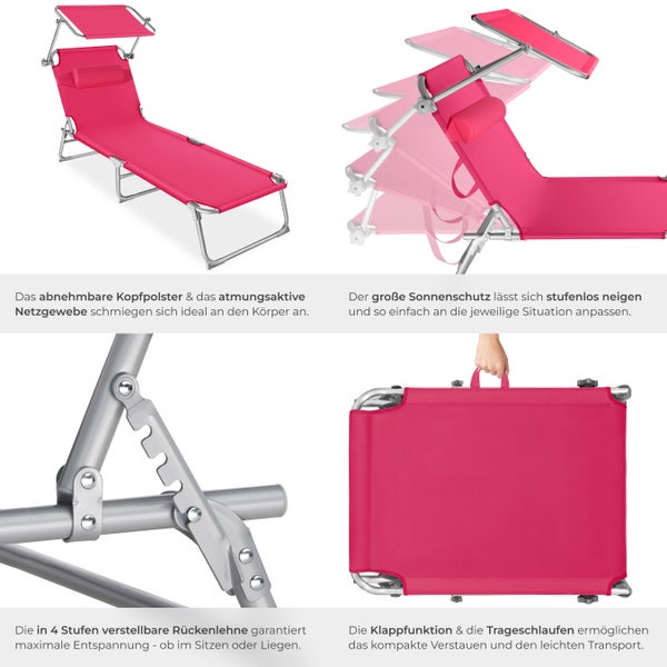 Gartenliege tectake Chloé 190 x 68 x 65 cm klappbar pink