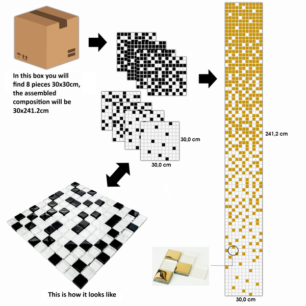 Darstellung von Mosaikfliesen 30x30 Zentimeter, bestehend aus schwarzen und transparenten Mosaiksteinen.