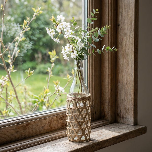 Eine Glasvase mit geflochtenem Korbmantel steht auf einer Holzfensterbank mit Blumen.