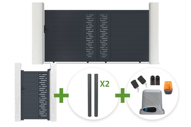 Schiebetor-Set inklusive Gartentor, zwei Pfosten und elektrischem Torantrieb mit Zubehör.