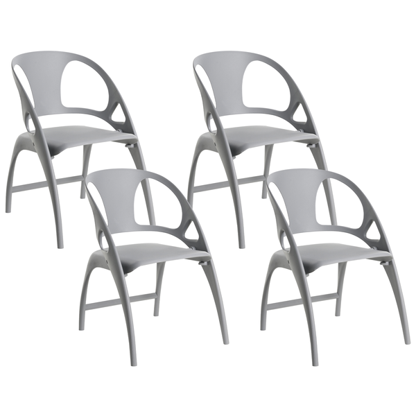Vier graue Gartenstühle aus Kunststoff im Set.