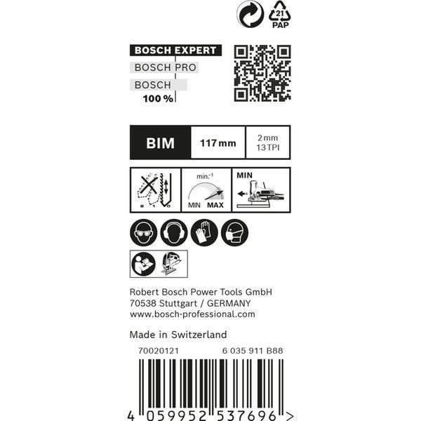 Informationen zu Bosch Expert Sägeblätter, BIM, 117 mm, 2 mm, 13 TPI, Sicherheitshinweise und Recyclinghinweise.