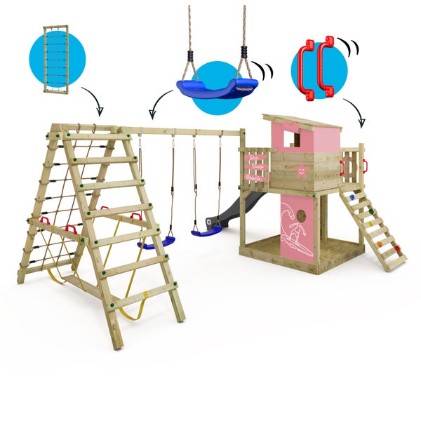 WICKEY Spielturm Klettergerüst Smart Surf mit Schaukel und Rutsche, Kletterturm mit Sandkasten, Leiter und Spiel-Zubehör – pastellpink