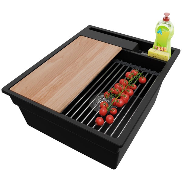 PRIMAGRAN Spülbecken Schwarz 43x53cm, Granitspüle 1 Becken + Ablauf-Set + Küchenzubehörset, Küchenspüle ab 45er Unterschrank - Oslo Pocket