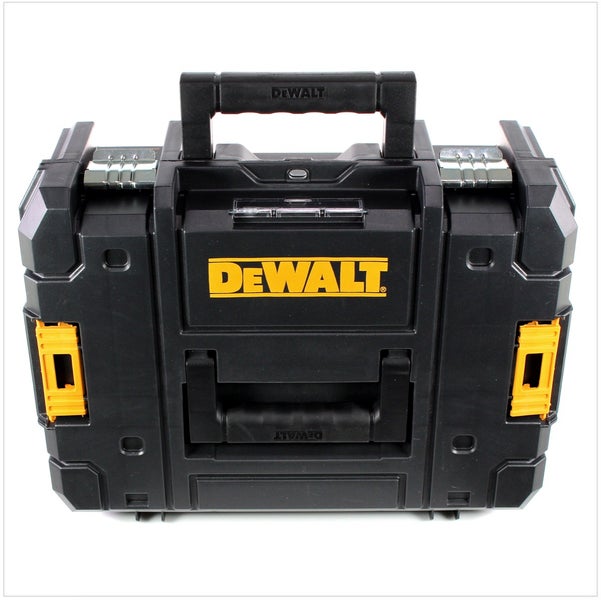 DeWALT System-Werkzeugkoffer mit Tragegriff, Metallverschlüssen und seitlichen Verbindungsclips.