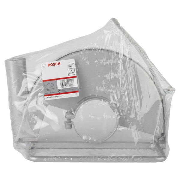 Bosch Absaughaube für Winkelschleifer mit 230 Millimetern Durchmesser, aus Metall, in Folie verpackt, Bosch Logo.