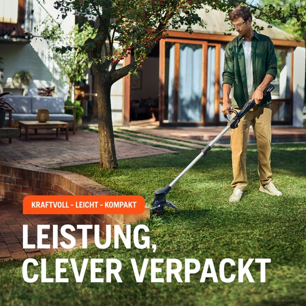 Mann bedient Rasentrimmer im Garten