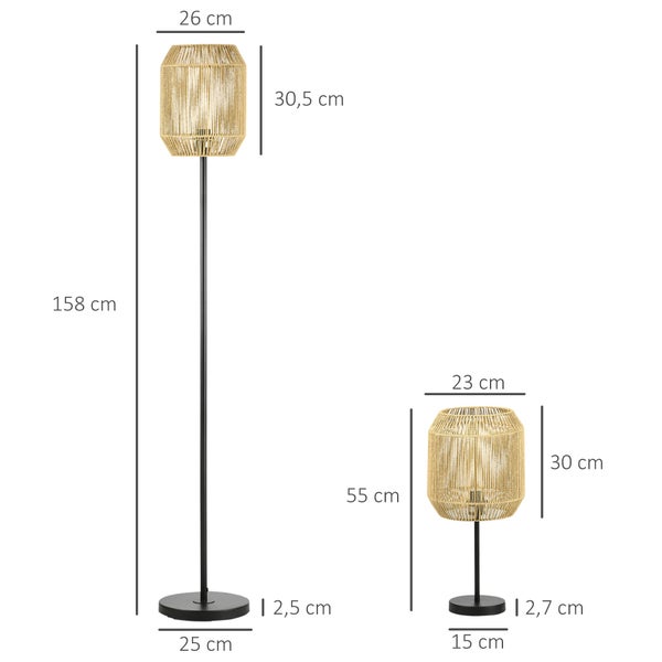 HOMCOM 2er-Stehlampenset mit 1 Tischleuchte, 1 Stehlampe, Stehleuchte und Tischlampe Set mit E27 Sockel, Leinen-Lampenschirm für Wohnzimmer, Schlafzimmer, Natur