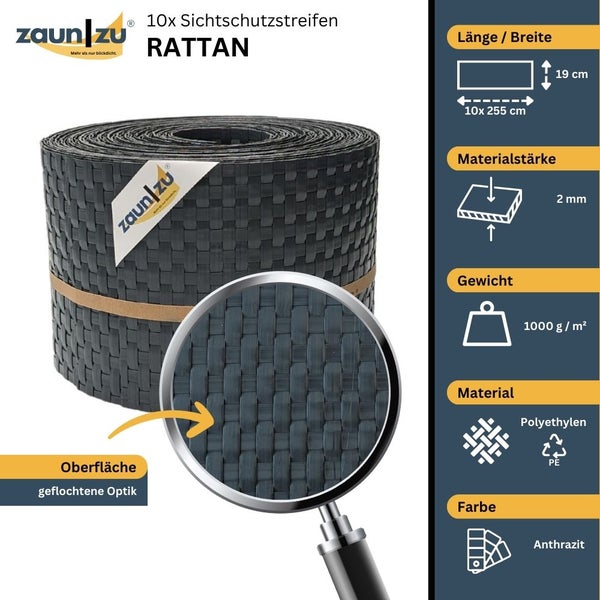 Zaunblende Rattan Anthrazit, 10er Pack, Produktdetails zu Länge, Breite, Materialstärke, Gewicht und Material